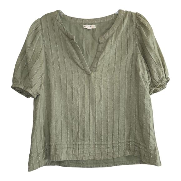 Roller Rabbit Tops - Roller Rabbit V-neck Puff Sleeve Muted Green Boxy Top Shirt Medium Sliver Thread